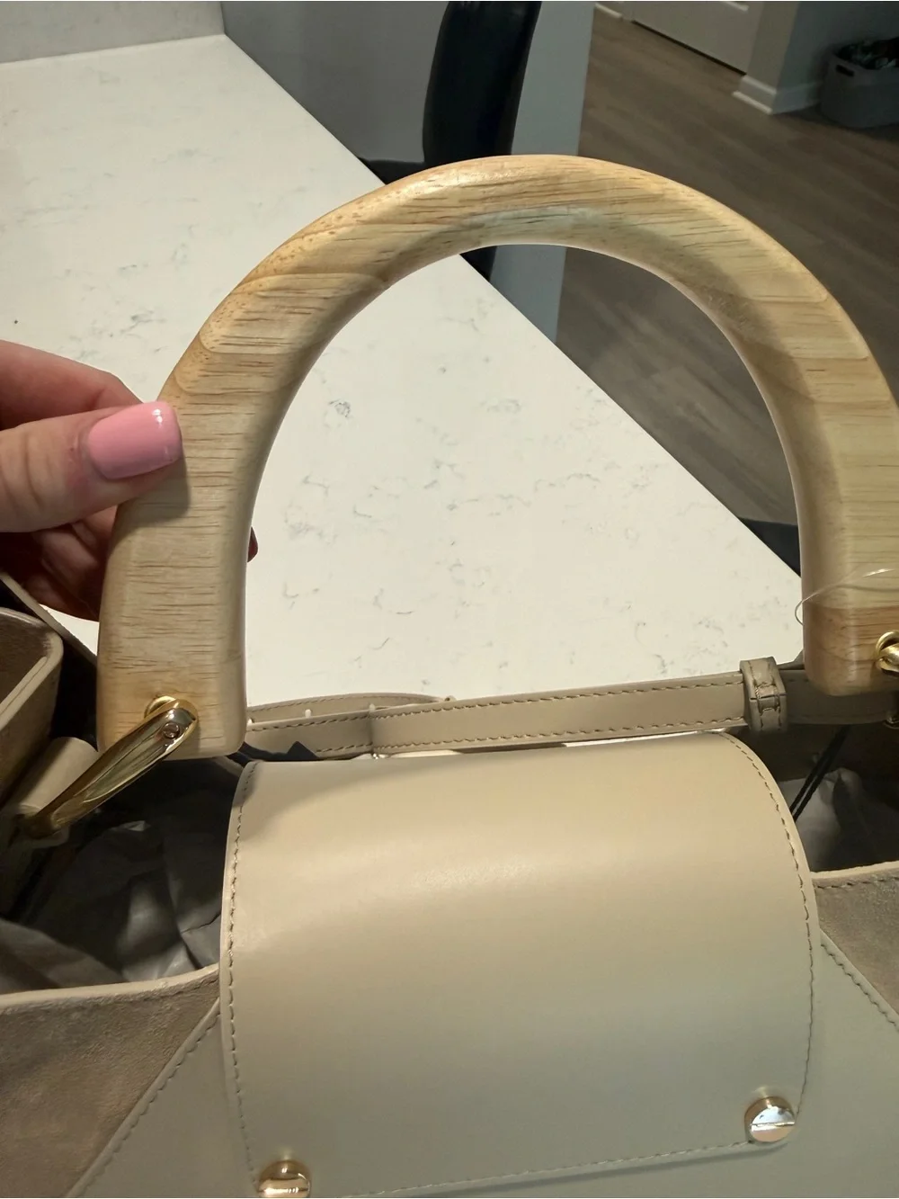 CLAUDIA Firenze Genuine Leather Beige/Cream Satchel Handbag with Wooden Handle